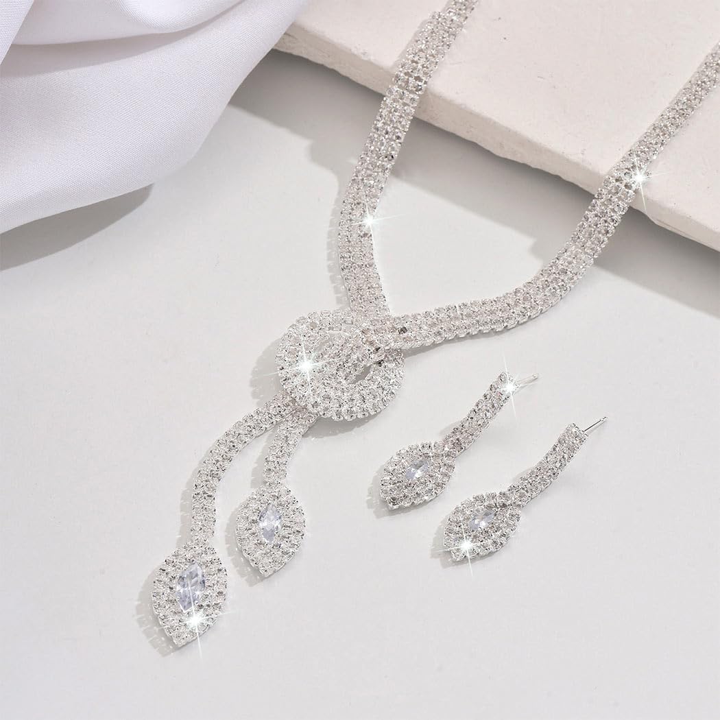 Silver Rhinestone Bridal Wedding Jewelry Set Crystal Necklace Earrings Sets Formal Prom Costume Jewelry Sets for