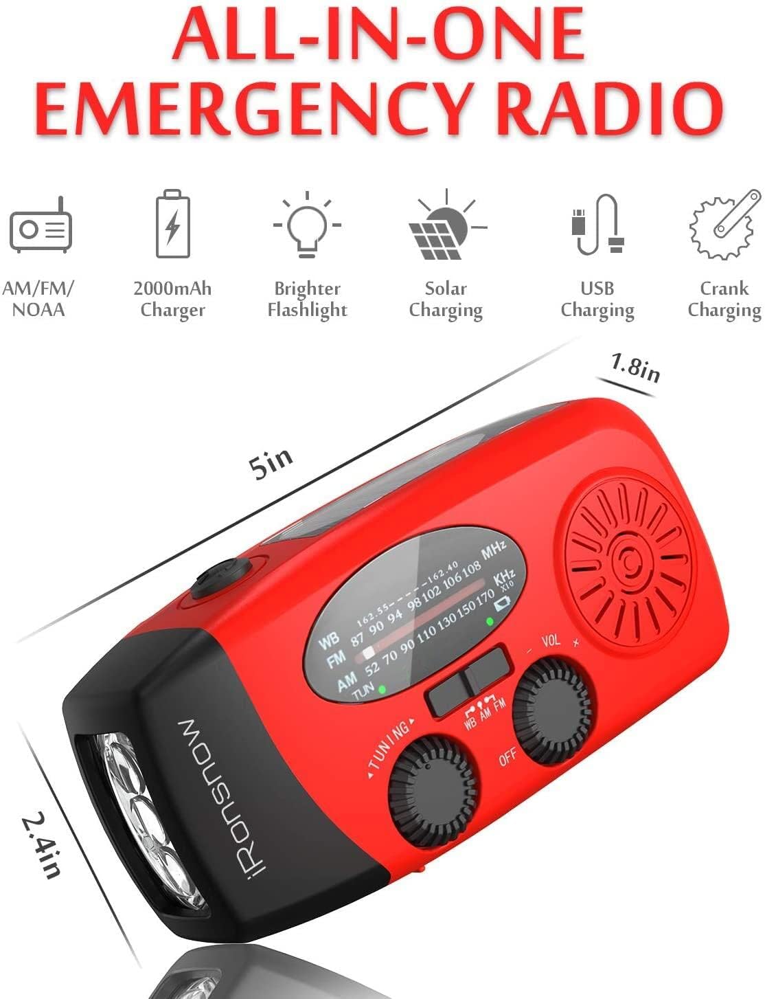 Solar Emergency Hand Crank Weather Radio, 2000mAh NOAA AM/FM | Portable Self Powered Radios with SOS Alarm LED