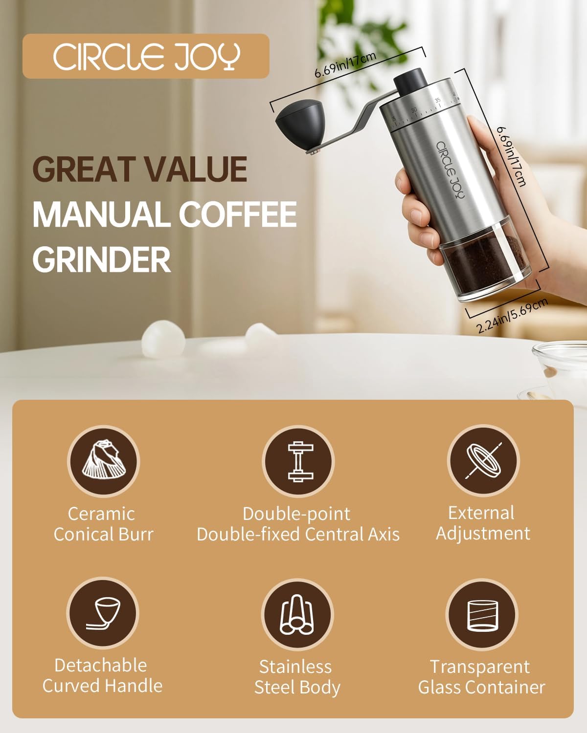 Mini Manual Coffee Grinder with 40 External Adjustable Settings and Ceramic Conical Burr, Portable Stainless Steel