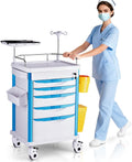 Medical Carts with Wheels, 5-Tier Drawers, Adjustable IV Pole, Silent Casters, Trash Bins, O2 Holder, Needle Disposal