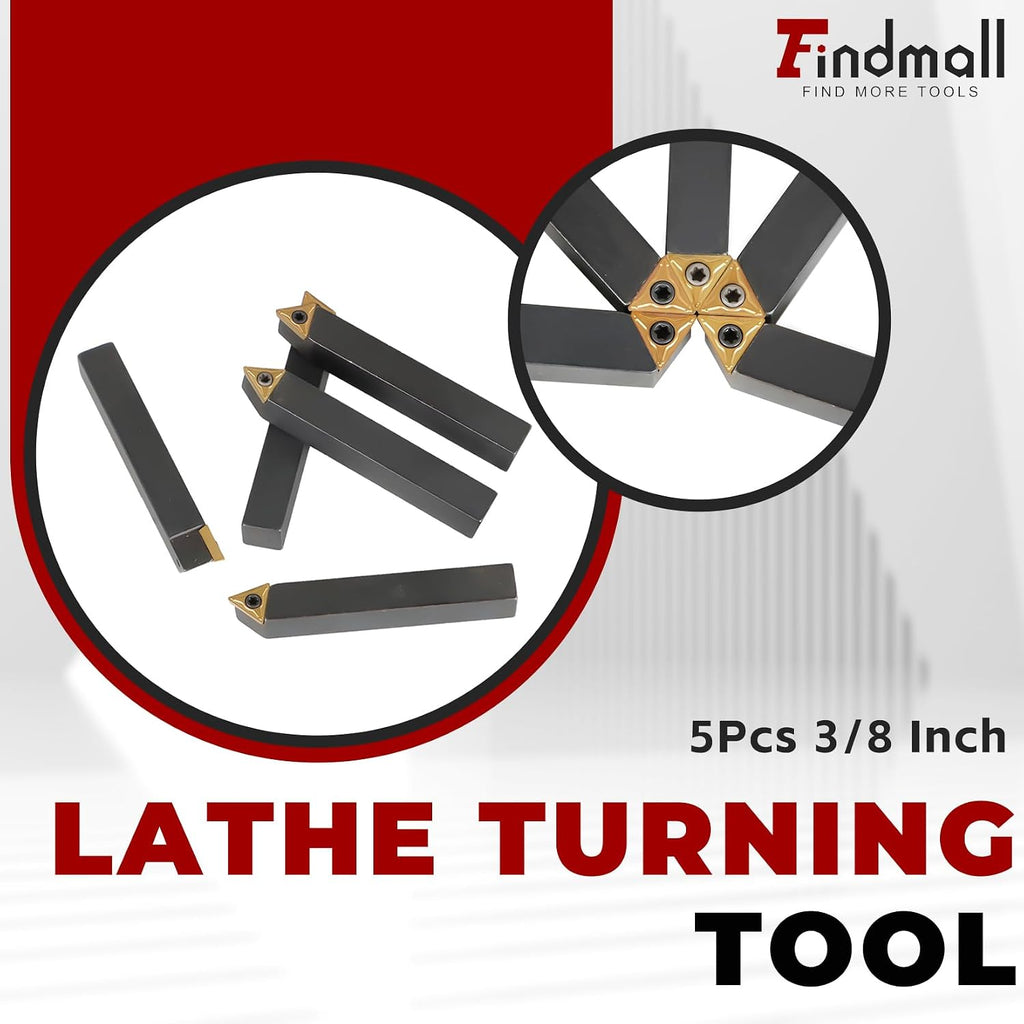 findmall 5Pcs 3/8″ Indexable Carbide Lathe Turning Tool Holder Kit