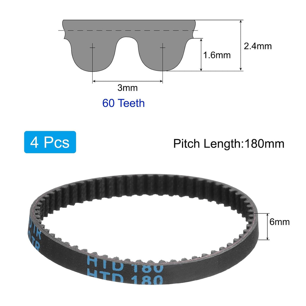 uxcell 4pcs HTD-3M Rubber Timing Belt 60 Teeth, 180mm Pitch Length x 6mm Width x 2.4mm Height, Closed Loop Pulley Timing Belt