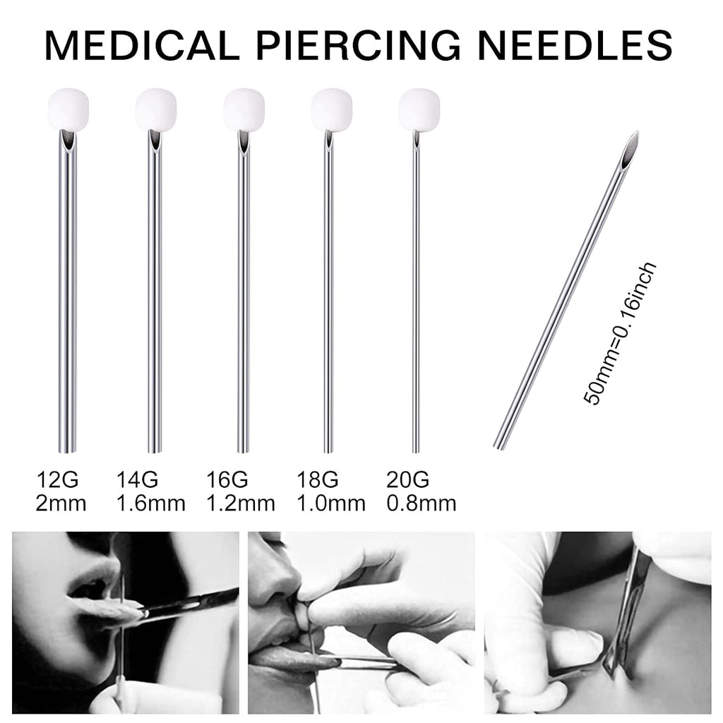 50PCS Mixed Body Piercing Needles, 12G 14G 16G 18G 20G Disposable Sterile Stainless Steel Piercing Needles for Ear