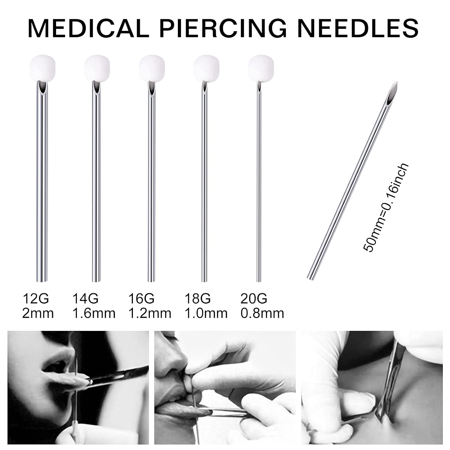 50PCS Mixed Body Piercing Needles, 12G 14G 16G 18G 20G Disposable Sterile Stainless Steel Piercing Needles for Ear