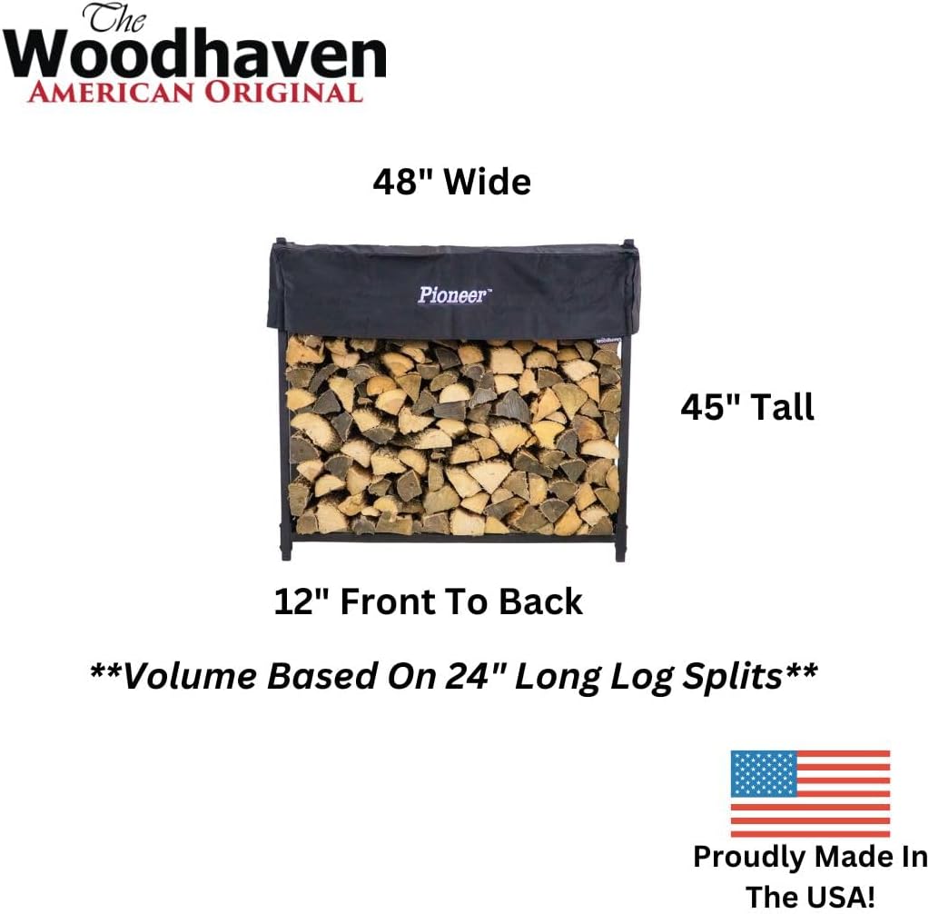 Pioneer 4' Firewood Rack with Cover - Black - Steel Outdoor Log Holder With Cover - Made In The USA - Powder Coat Finish