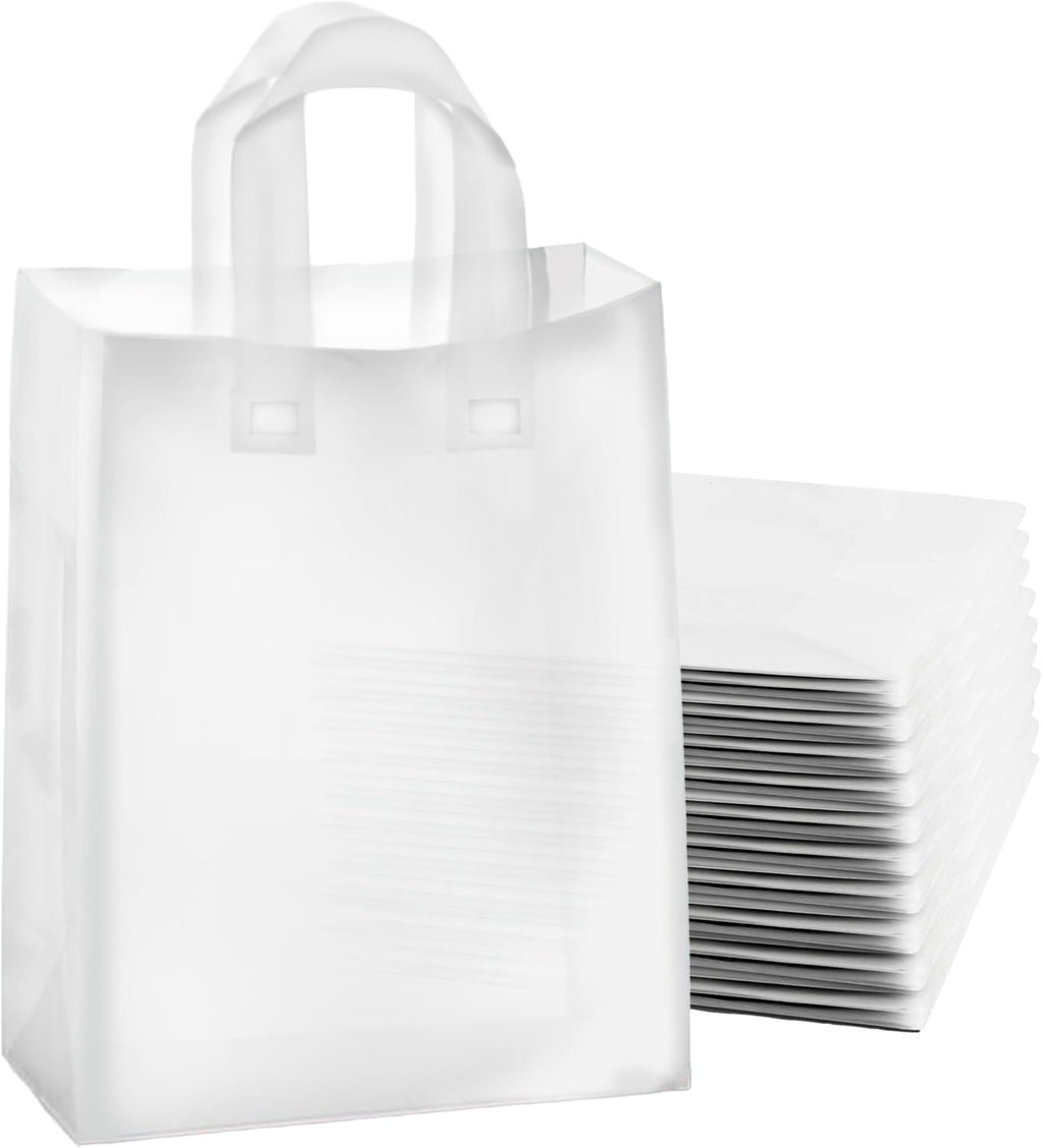 Frosted Shopping Bags with Handles and Cardboard Insert - 10" W x 13 H x 5" Side Gusset - Durable & Reusable