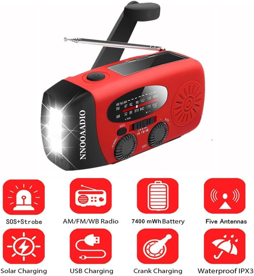 2000mAh SOS Alarm Emergency AM FM Weather Radio, 3LED Type-C Hand Crank Solar Battery Operated Portable Wind Up Radio