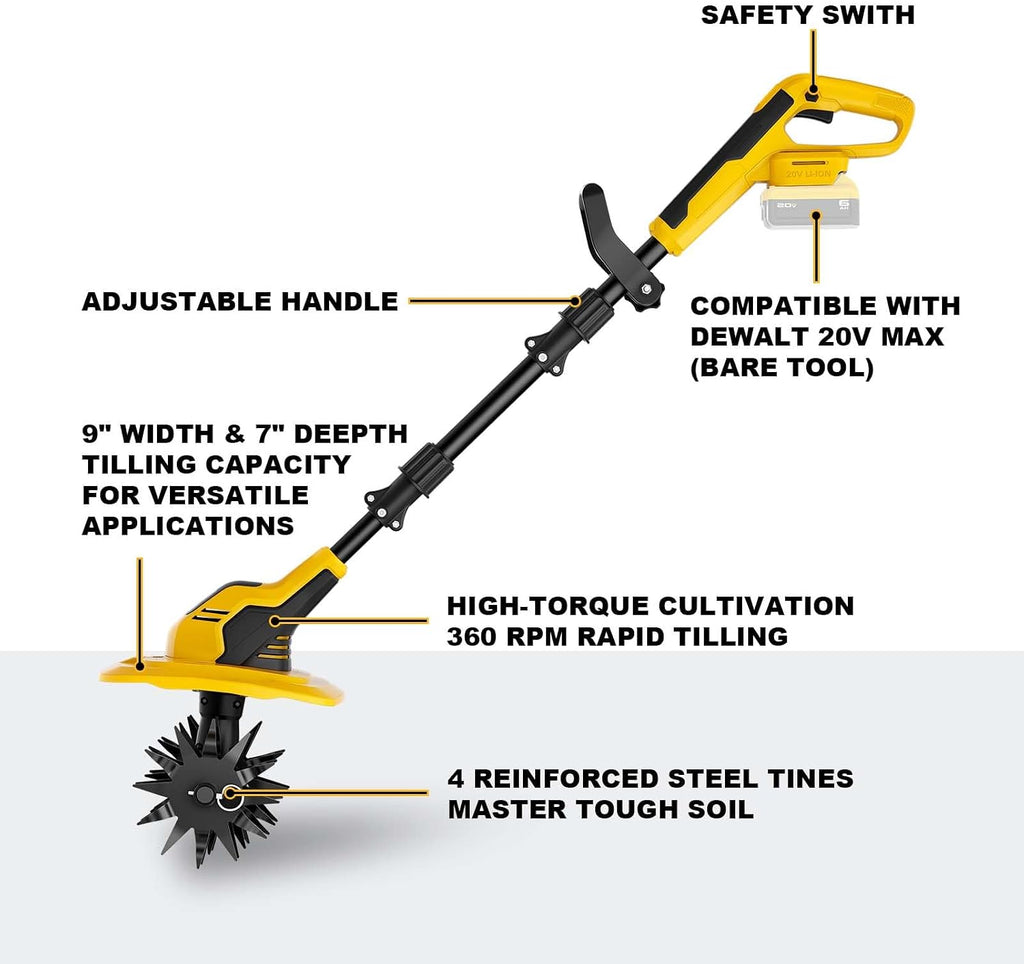 Cordless Tiller Cultivator for DeWalt 20V MAX (Bare Tool) | 9-Inch Width 7-Inch Depth; 4 Steel Blades; Electric Soil
