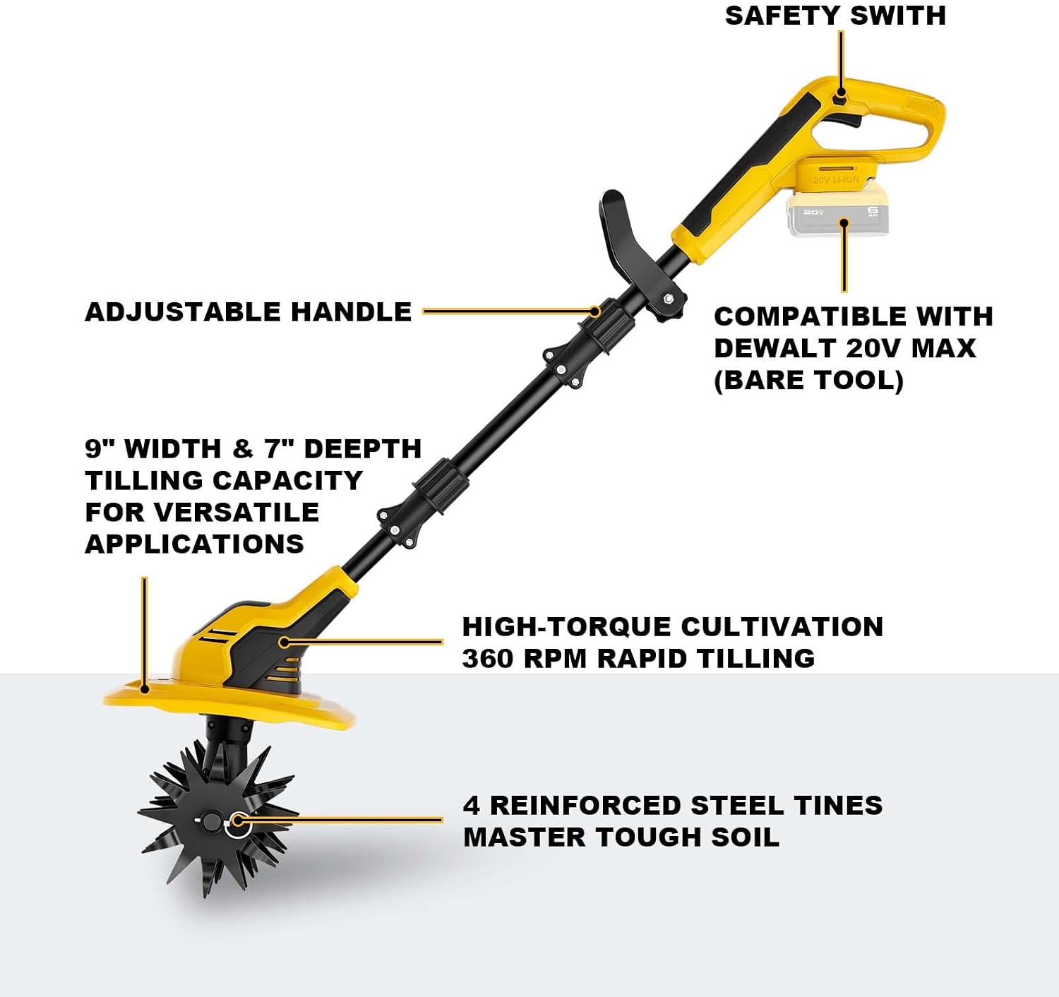 Cordless Tiller Cultivator for DeWalt 20V MAX (Bare Tool) | 9-Inch Width 7-Inch Depth; 4 Steel Blades; Electric Soil