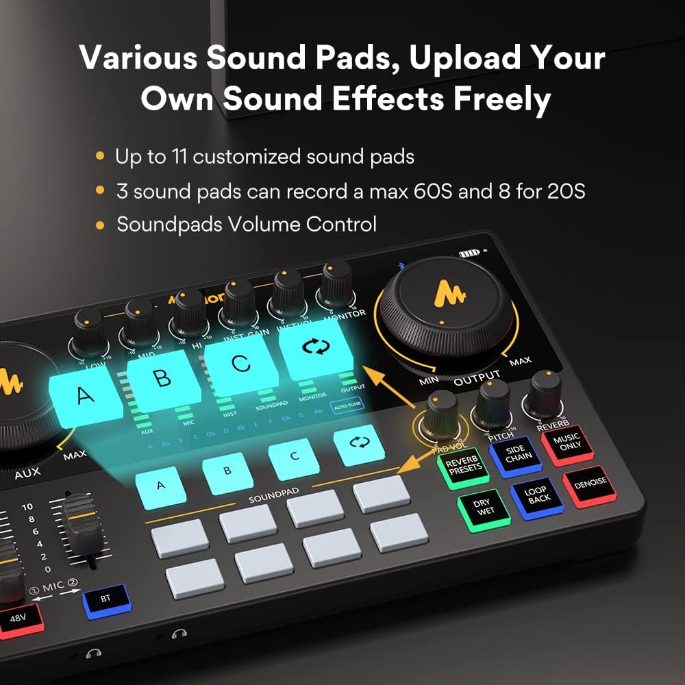 AME2 Audio Interface Mixer, Podcast Studio Console with XLR Input | 48V phantom power, Bluetooth, 11 custom sound