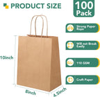 Brown Paper Bags with Handles, 100Pcs 8x4.5x10In Kraft Paper Bag