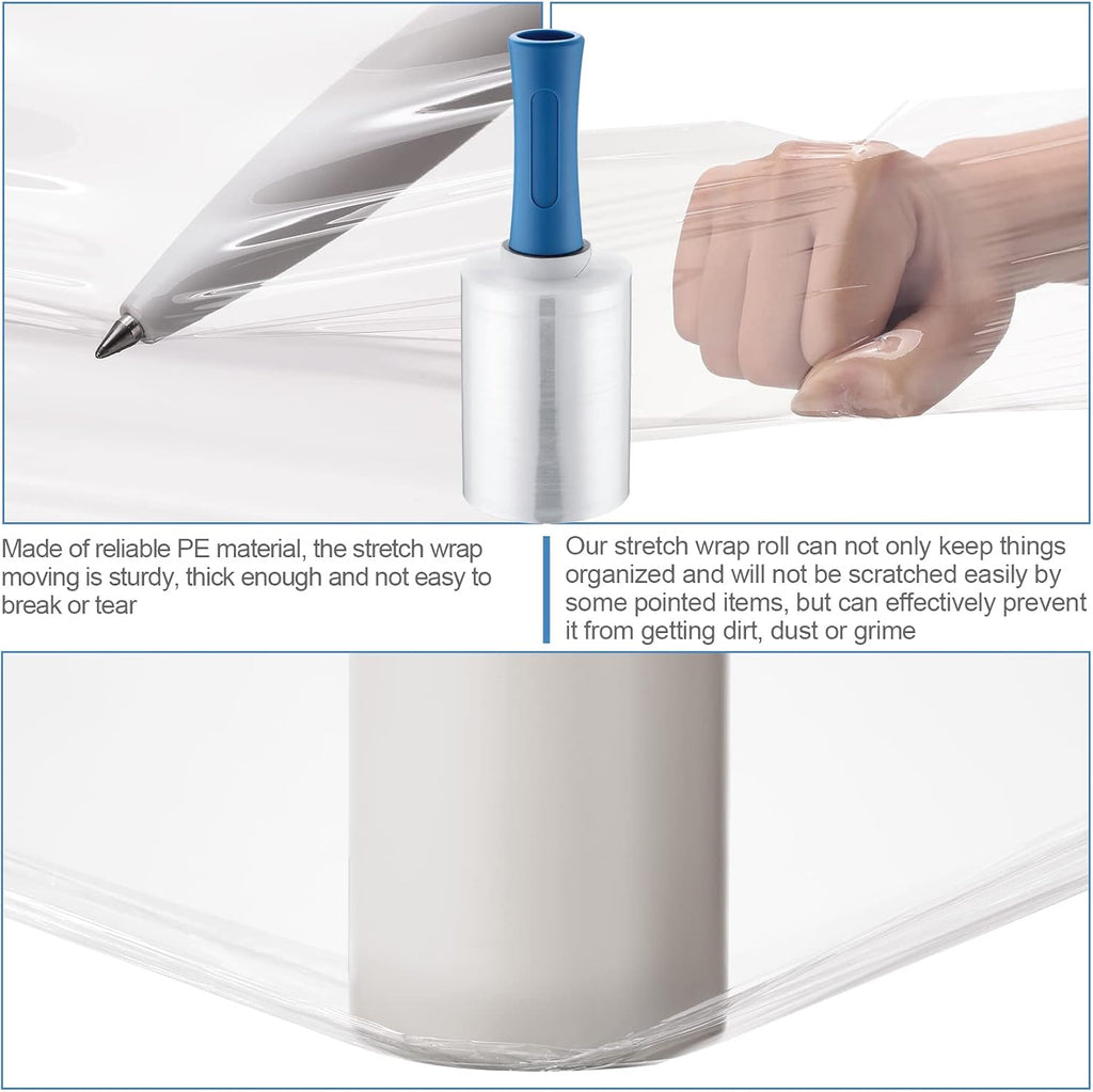 3 Pcs Mini Stretch Film Industrial Shrink Wrap Roll Plastic Film for Moving 2 Handles 5" x 1000 ft Pallet Wrap
