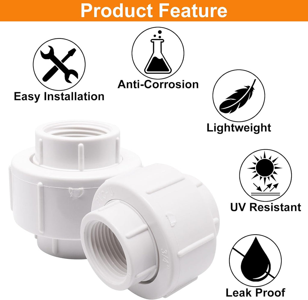 2Pcs 3/4" PVC Union, Female Threaded Coupling Pipe Fittings, Schedule 40, FNPT Coupling for Irrigation, Plumbing, White