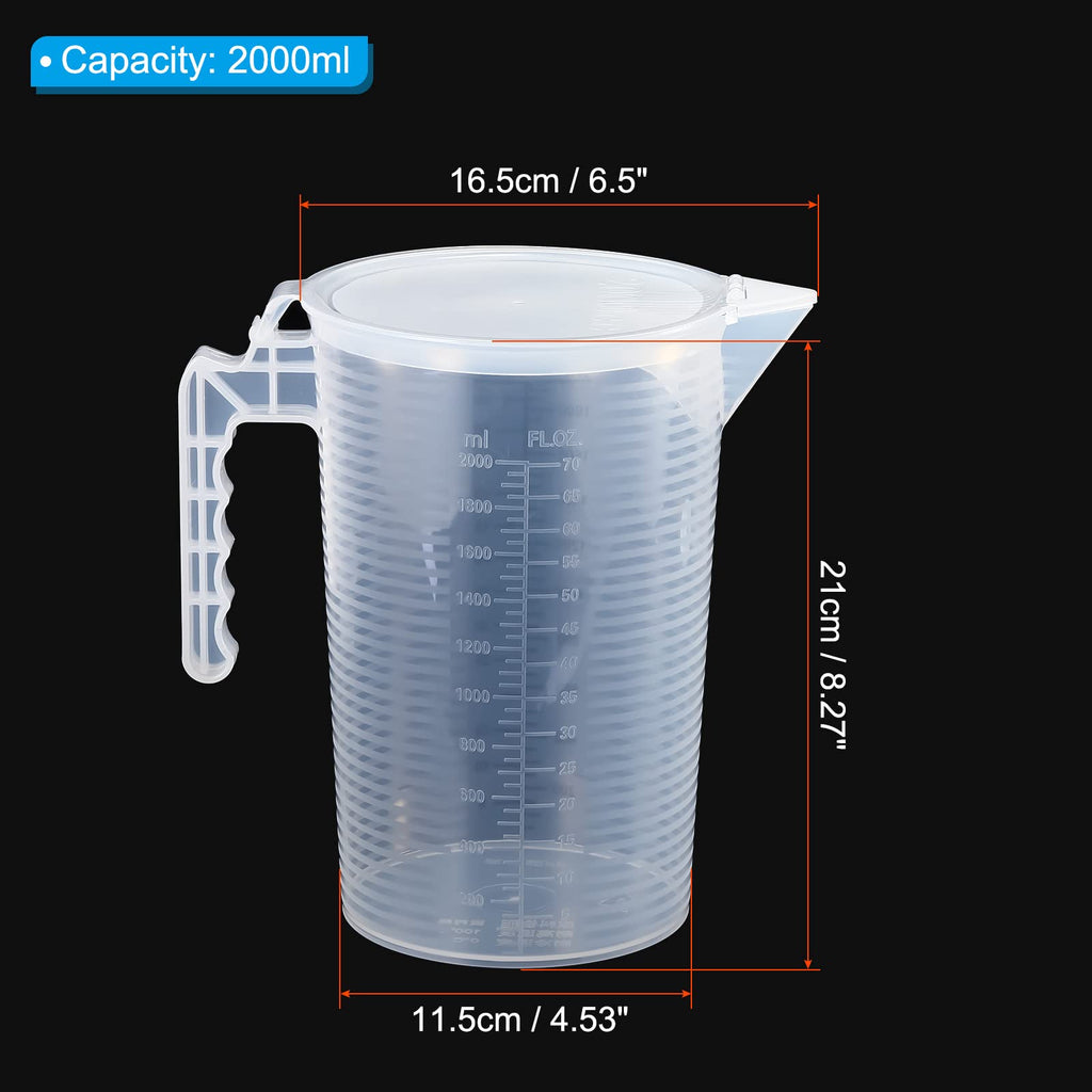 Graduated Beaker, 2000ml PP Plastic Liquid Measuring Cup Double Sided Black Graduations with Handle Lid and Spout for