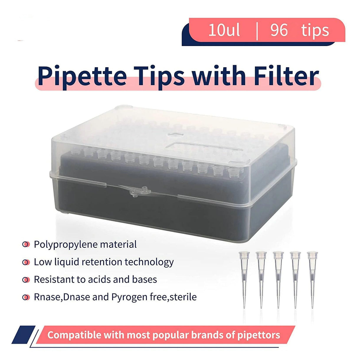 10ul Pipette Tips - Universal Pipette Tips，with Box RNase/DNase Free & Pyrogen Safe, (96 Tips/Rack)