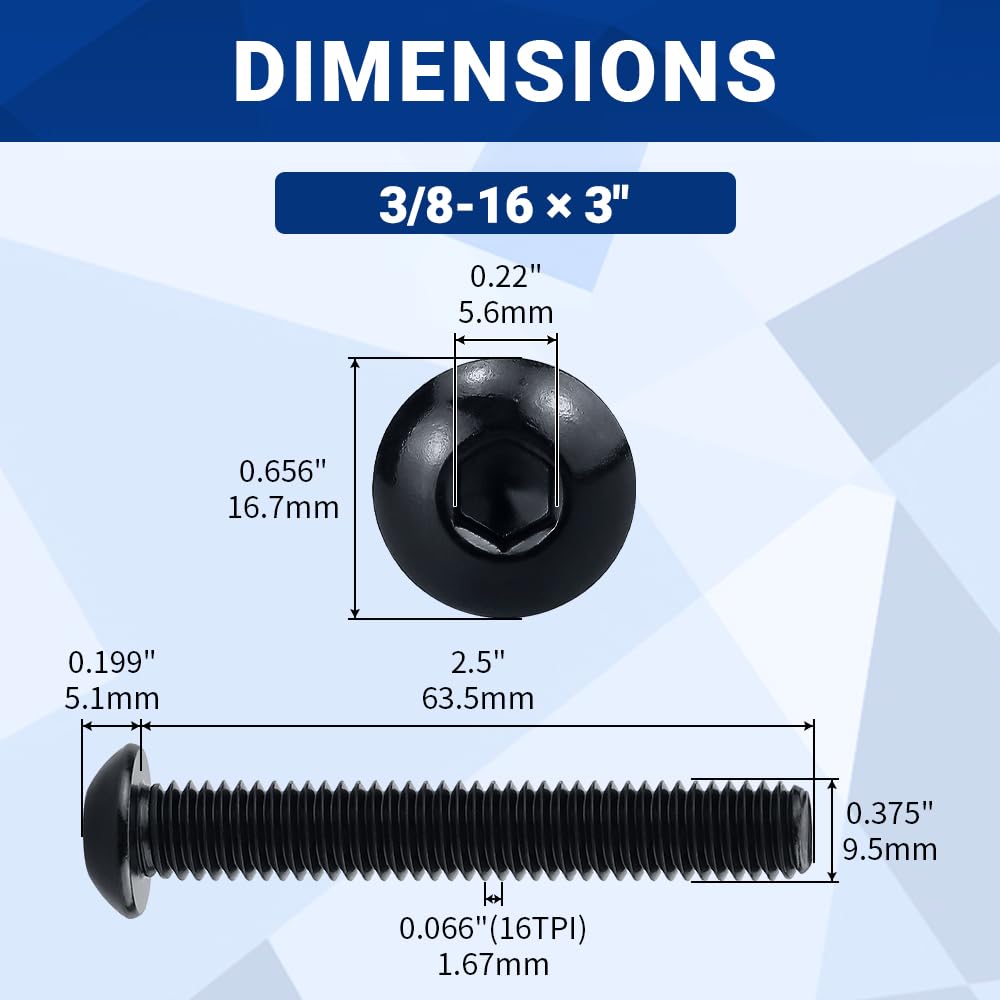 3/8-16 x 3 Stainless Button Socket Cap Head Screws 10 Pcs, 18-8 (304) Stainless Steel, Allen Hex Drive Button Head, Full Thread, Black Oxide Coated, Fayeploo (with Hex Wrench)