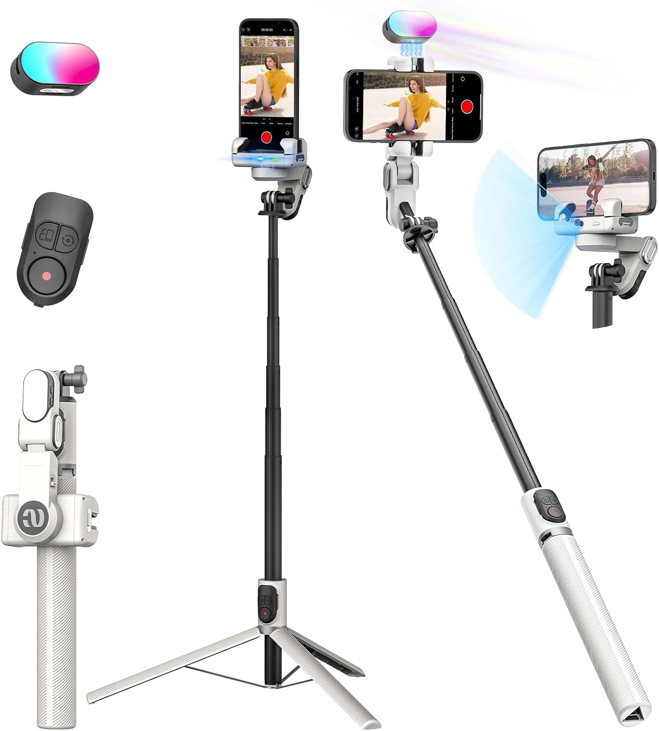 M2PRO White Smartphone Gimbal Stabilizer, 4-in-1 Phone Stabilizer | No App Required Face Tracking, 108cm Extension