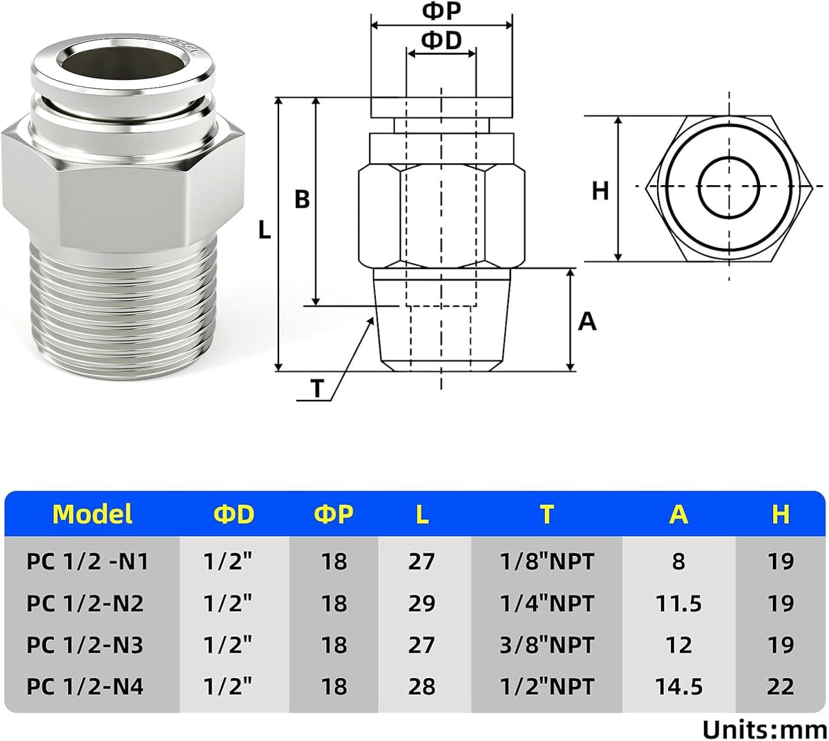 TAILONZ 304 Stainless Steel 1/2" x 1/2" NPT Push to Connect Straight 2Pcs