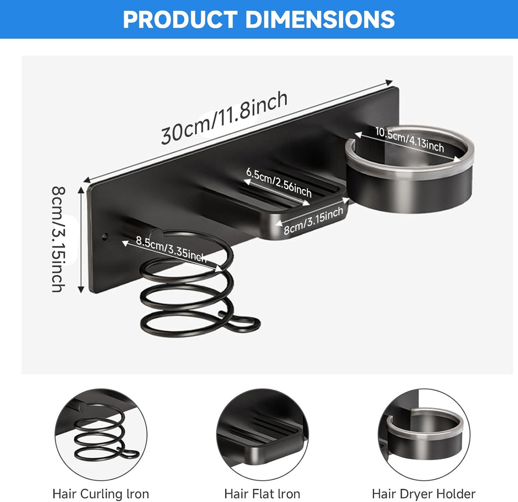 Hair Dryer Holder Wall Mounted,Blow Dryer, Curling Iron, Straightener Holder 3 in 1 Bathroom Metal Hair Tool