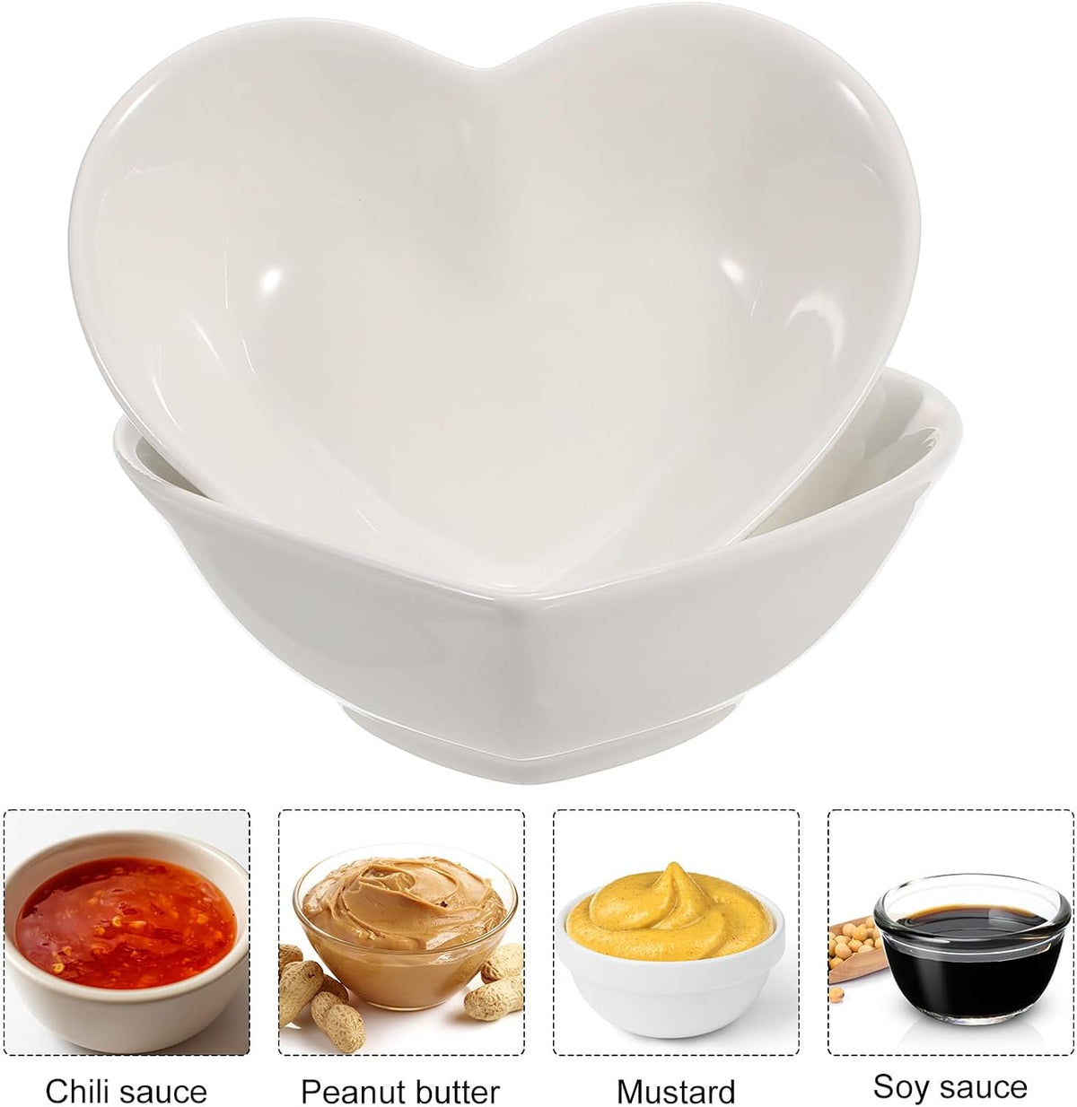 White Heart-shaped Ceramic Side Dipping Bowl, 5" Porcelain Dish Bowl Set of 6, Mini Appetizer Plates Seasoning Dishes