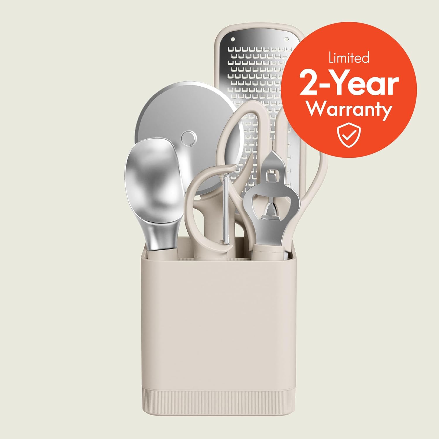 7-Piece Modular Gadget Set, Grater, Pizza Cutter, Ice Cream Scoop, Peeler, Shears, Bottle Opener, Crock with