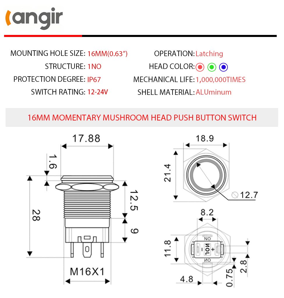 15Amp Latching Push Botton Switch 2PCS,16mm(0.63”) 12V-24V Black Shell AC/DC IP67 Waterproof with Red LED Angel Eye Light On and Off with Wire Socket.