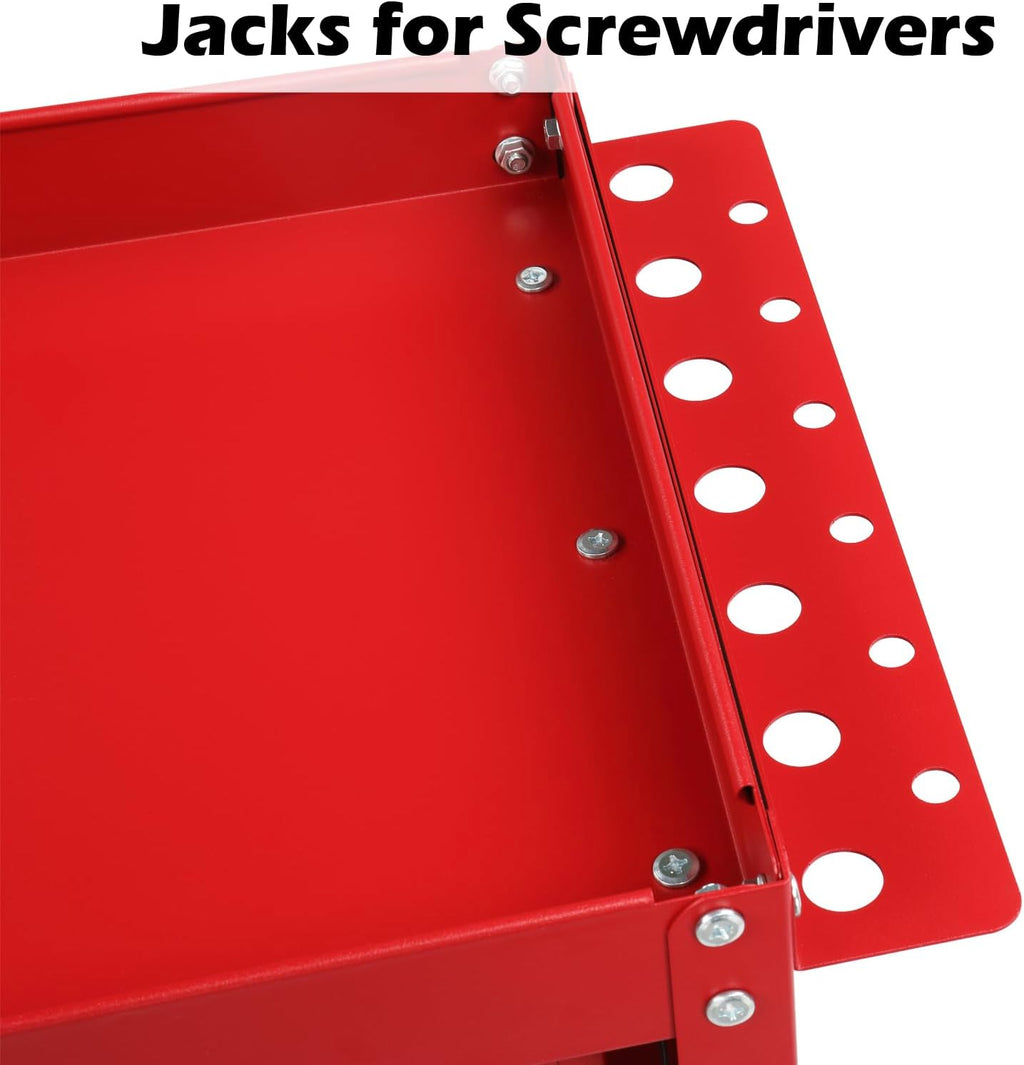 3 Tier Steel Utility Tool Cart with Drawer & Pegboard, Red | 330 lbs Capacity Rolling Service Cart with Lockable