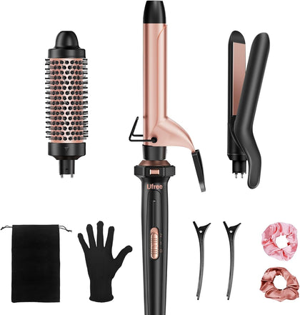 3 in 1 Curling Iron, Curling Wand Set with Thermal Brush Flat Iron Hair Straightener, Dual Voltage Wand Curler