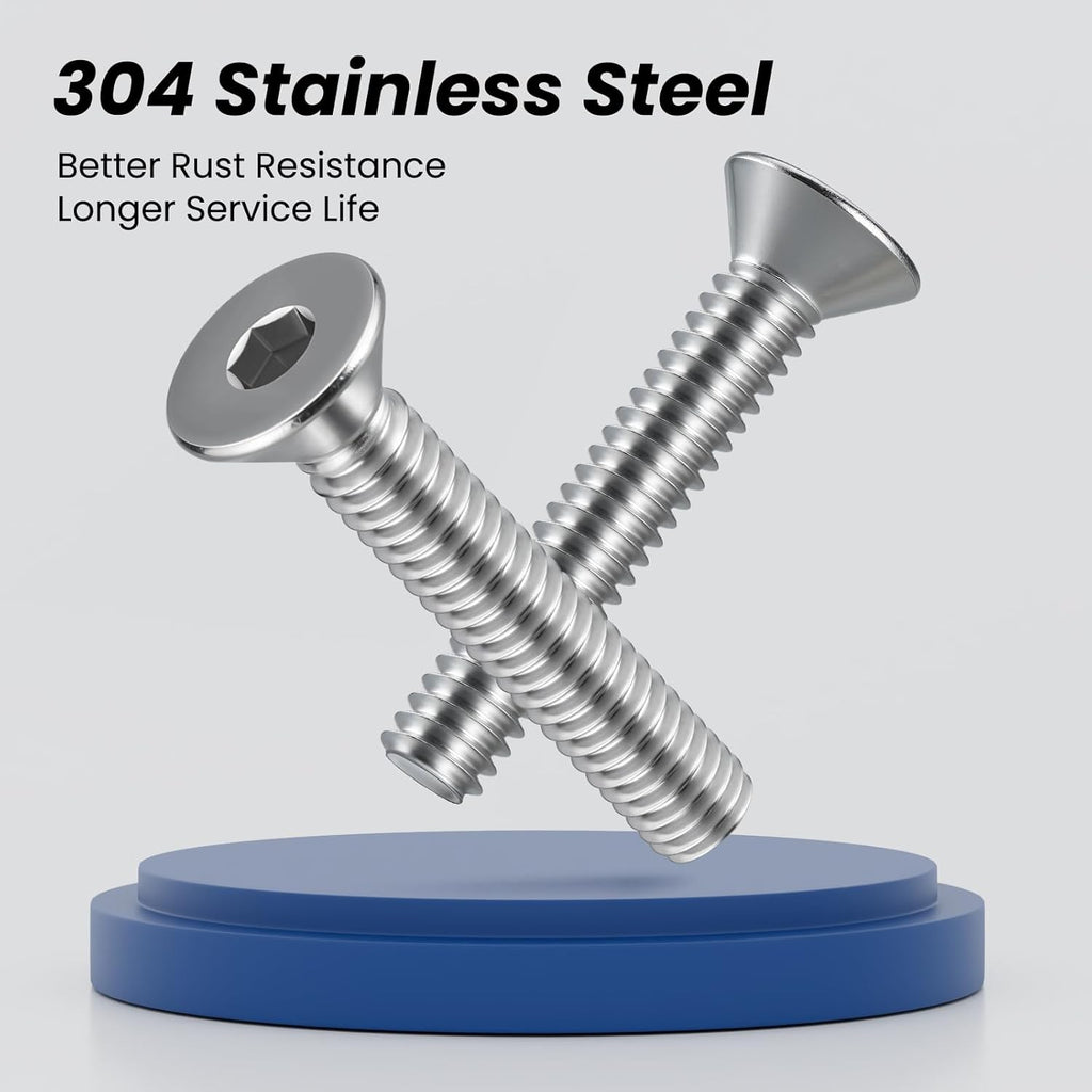 #8-32 Screws, 100Pcs #8-32 x 3/8 Inch Flat Head Socket Cap Machine Screws, 304 Stainless Steel 18-8 Countersunk Bolts, Full Thread (with Hex Spanner)