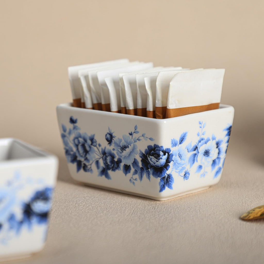2 Pcs Blue and White Porcelain Sugar Packet Holder Tea Bag Bowl, 5 Oz