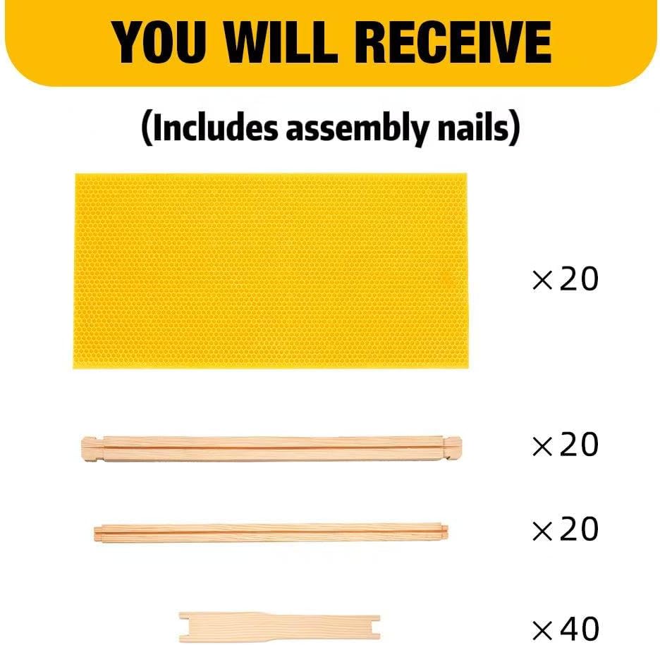 20 Pack Deep Beehive Frames Kit with Durable Wooden Frames and Food-Grade Beeswax-Coated Plastic Foundations for