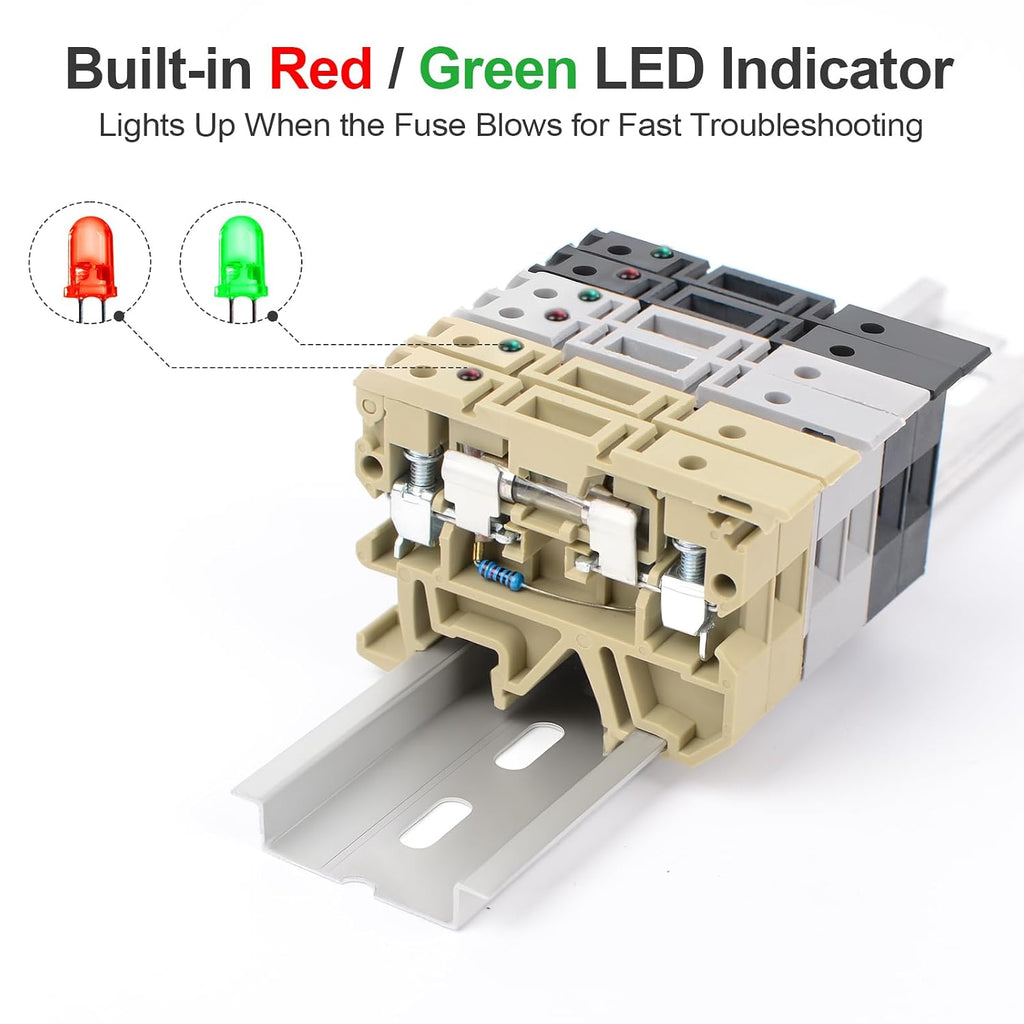 50Pcs DIN Rail Terminal Block Fuse Holder, with Indicator Light