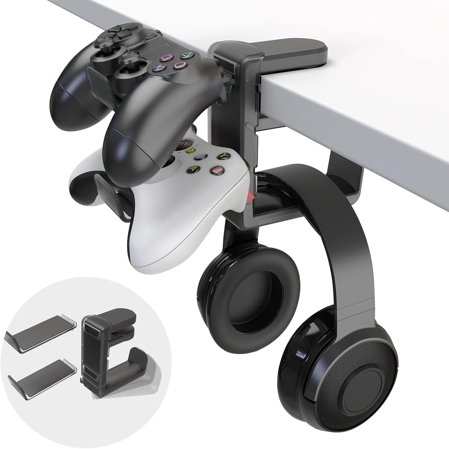 3-in-1 Headset&Controller Holder - EURPMASK Upgraded PC Gaming Headset Stand, Adjustable Clamp-on Headphone