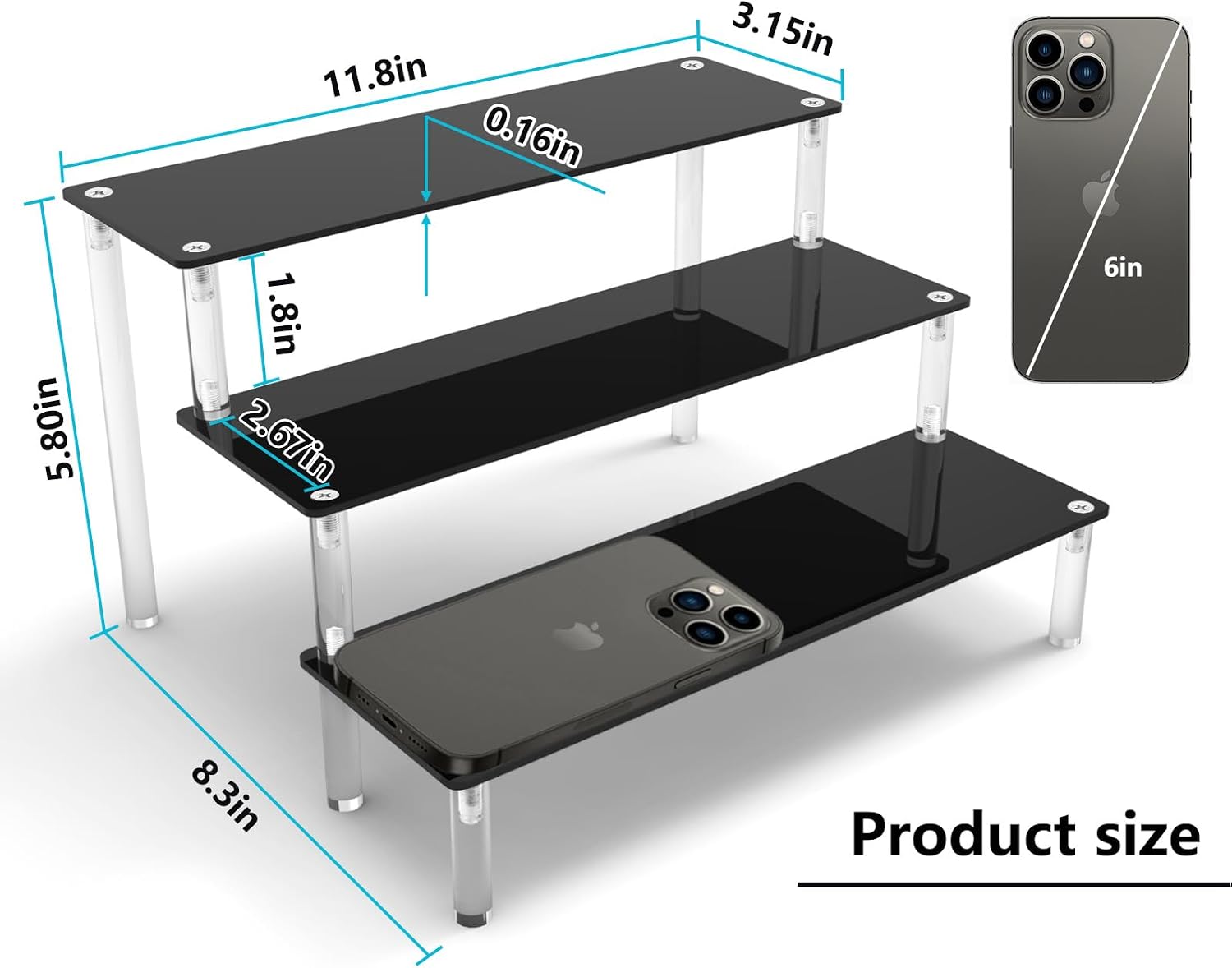 Acrylic Display Riser, Black Perfume Organizer, 3 Tier Cupcake Stand | Acrylic Shelves for Figures and Cologne, Shelf