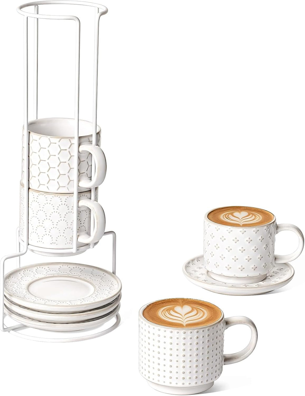 6 oz Stackable Cappuccino Cups with Saucers and Stand, Set of 4, Ceramic Coffee Cup Set for Flat White, Tea