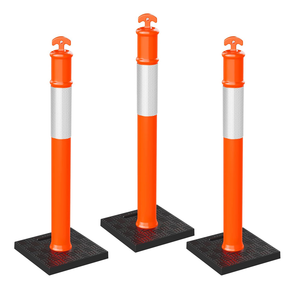 3 Pack 45" Traffic Delineator Posts, Parking Cones, Orange | Detachable Base for Storage; Reflective Strips Aid