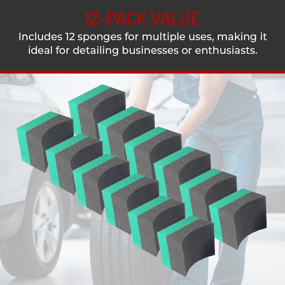 Tire Dressing Applicator 12 Pack - Durable and Reusable, Contoured Tire Shine and Dressing Sponge for Your Car's Wheels