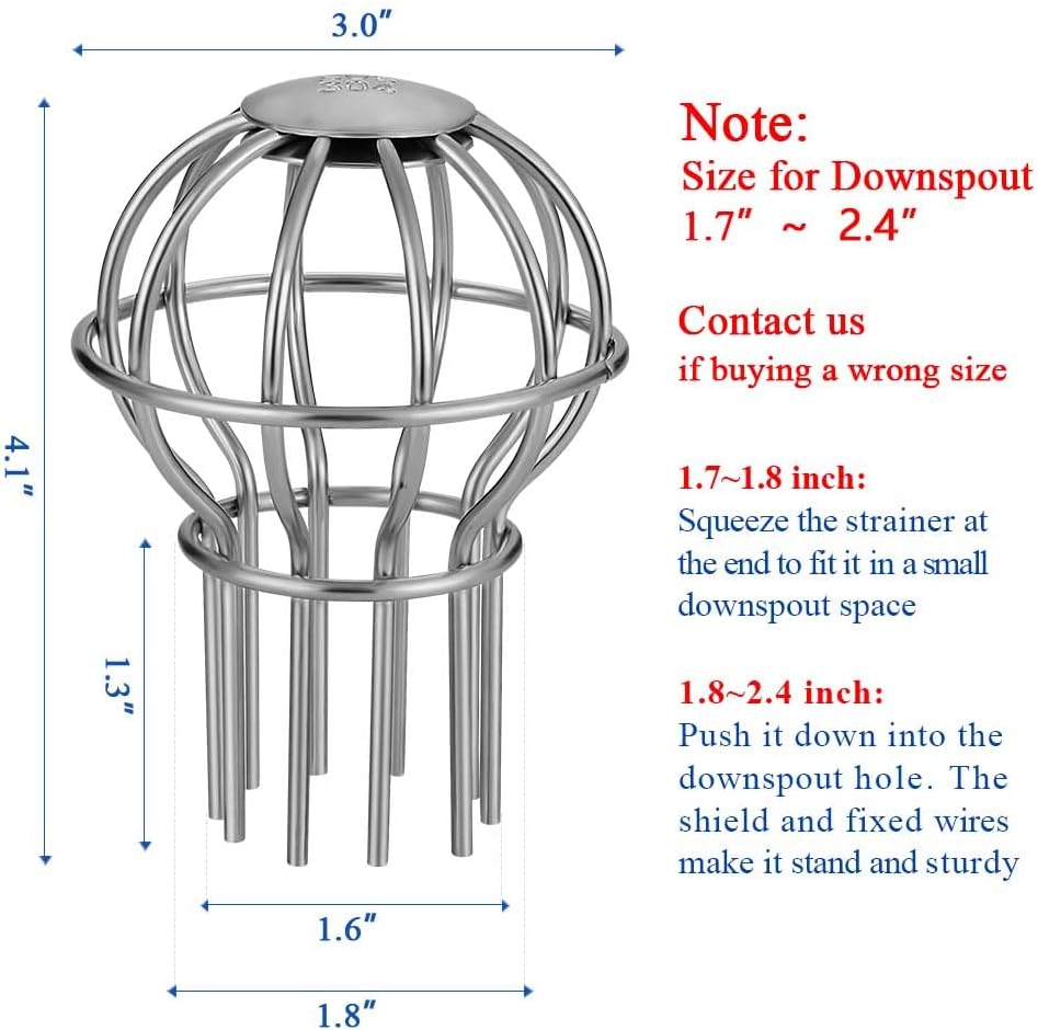 Gutter Guard, Fits for 1.7" ~ 2.4" Round Downspout, 304 Stainless Steel Rigid Filter Strainer, Stops Leaves Seeds and