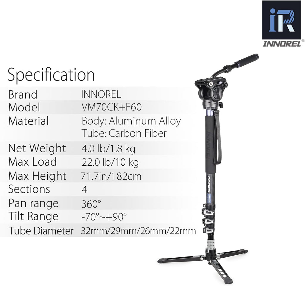 Carbon Fiber Video Monopod Kit-VM70CK Professional Hydraulic Fluid Head Monopod Removeable Multifunctional Travel