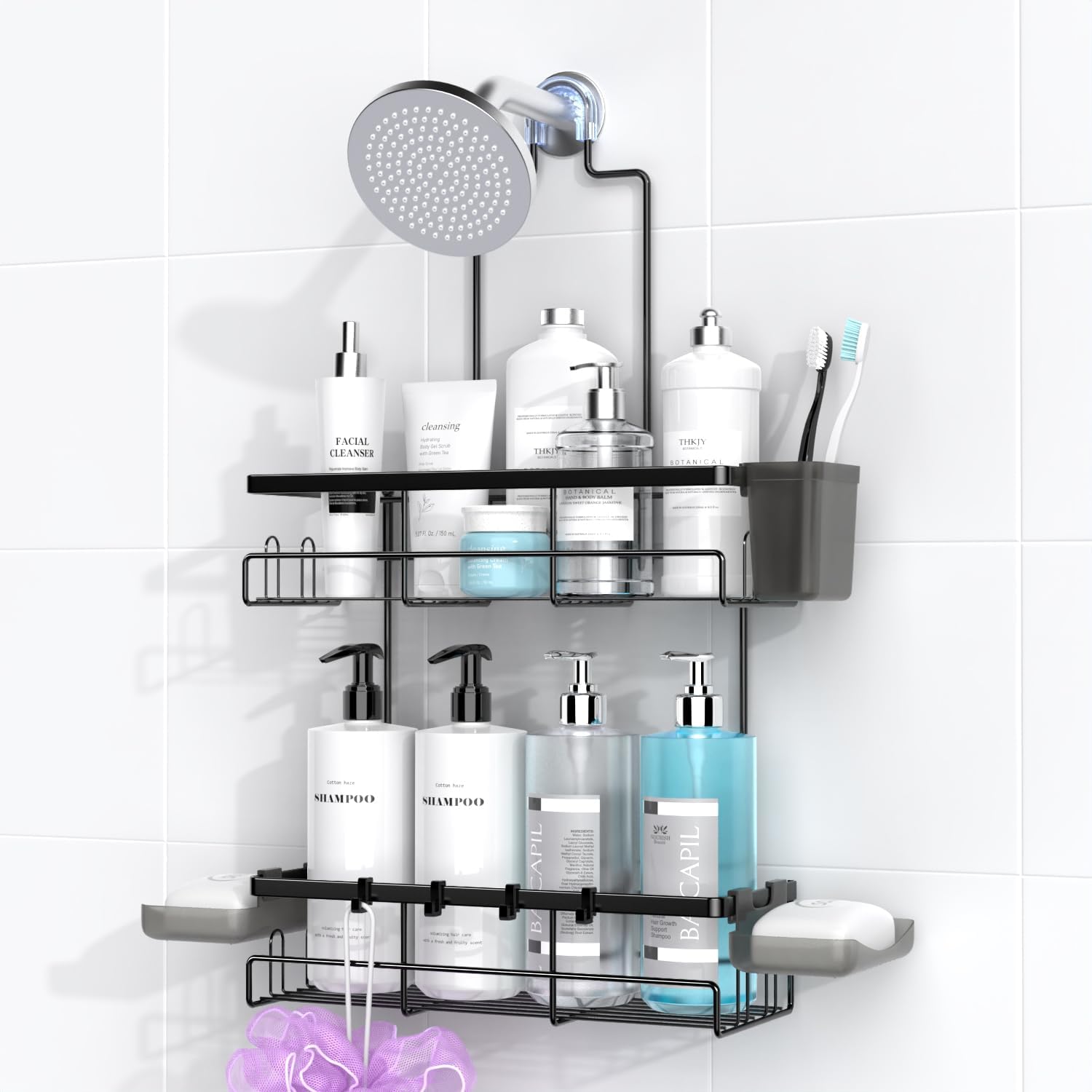 Hanging Shower Caddy Over Showerhead - Rustproof No Drill Shower Organizer | Includes Soap Holder and Hooks for