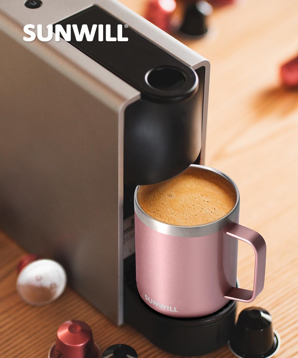 Travel Coffee Mug with Lid, Insulated Tumbler with Handle, 14 oz Stainless Steel Cup for Ice, Water, Tea, Rose Gold