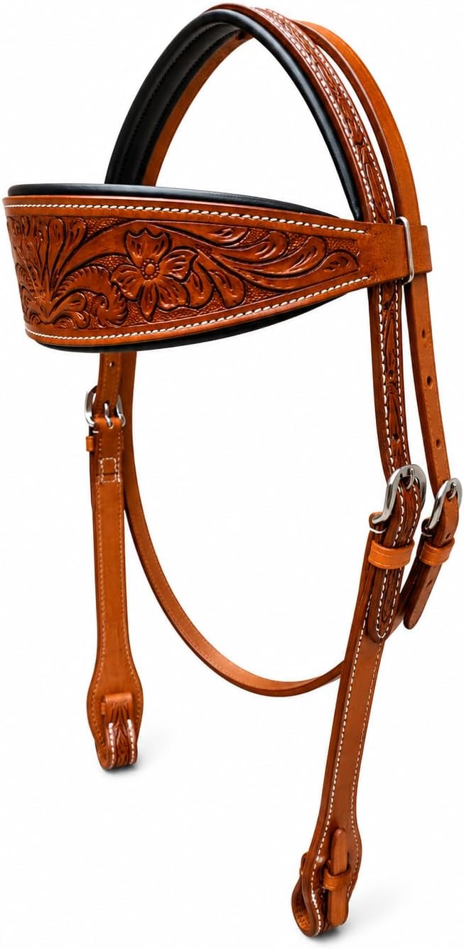 Hottmess Horse Headstall, Natural, Super Leather, Antique, Tooling, Quick Bit Change Western Headstall (Browband, Full)