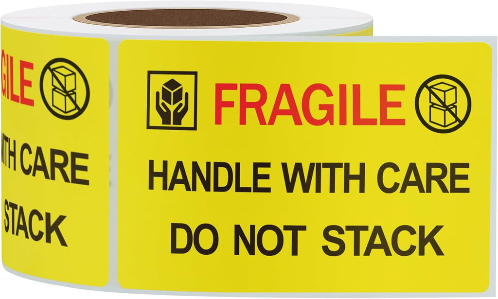 2x3 inch 300pcs Fragile Stickers for Shipping Moving Handle with Care Do Not Stack Yellow Warning Labels (Type 2)