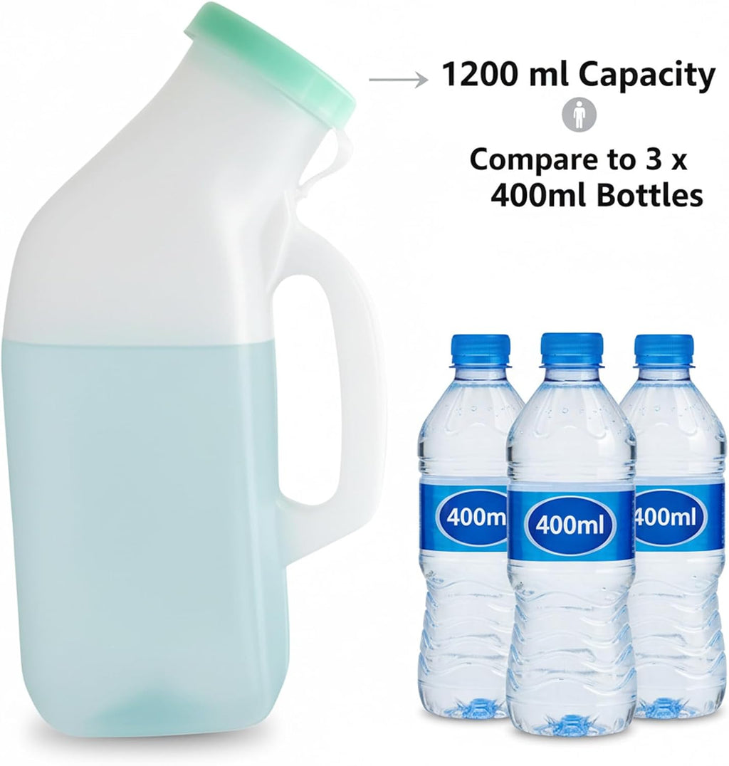 Urinals for Men - 1200 mL / 40 oz Thick Plastic Portable Urinals with Cleaning Brush, Anti-Tip Base & Secure Snap-On