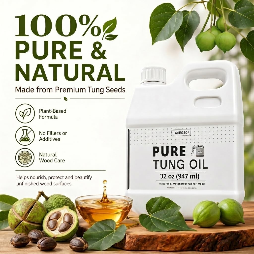 32oz 100% Pure Tung Oil, Food Safe Waterproof Low Odor Wood Finish & Sealer