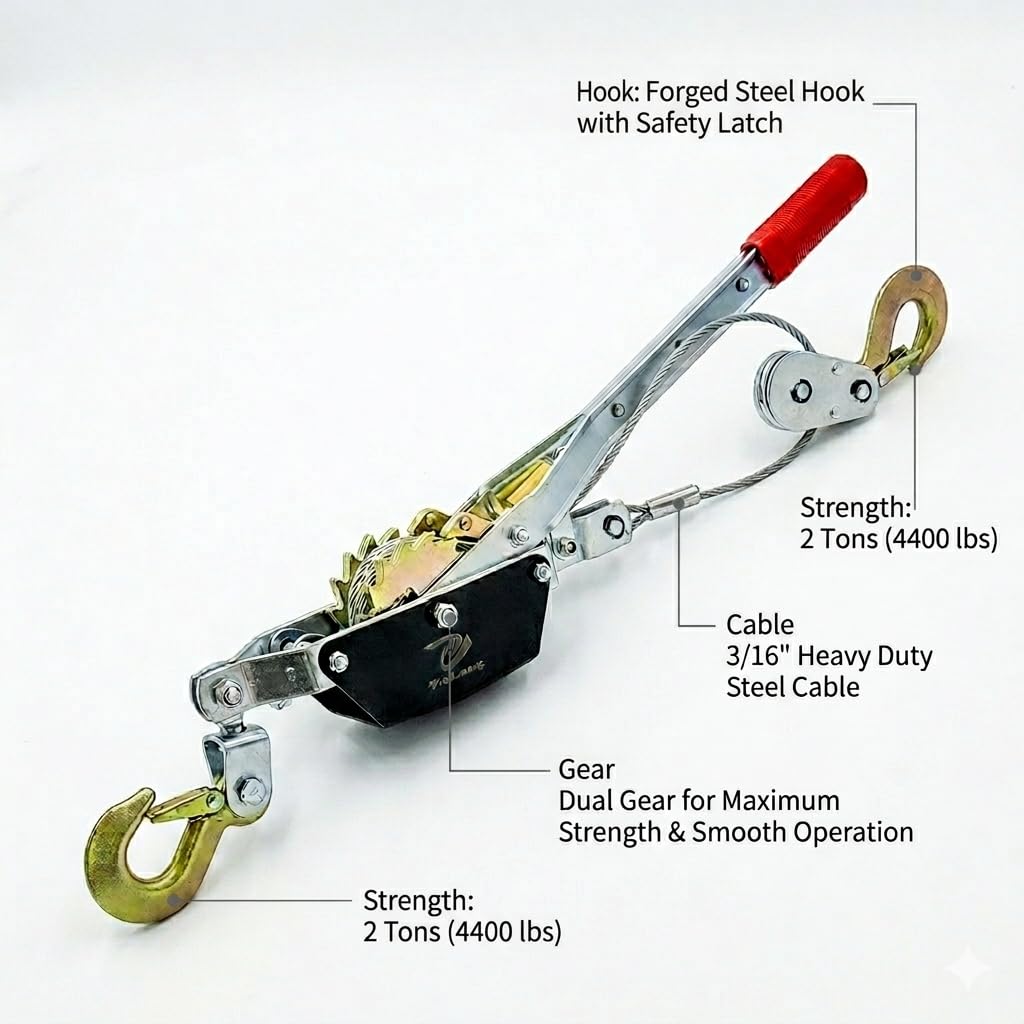 Come Along Winch with Sling,2 Tons/4400lbs, 12 ft Steel Cable | 2 Hooks, Two 1" x 8FT Lifting Sling, Dual Gears