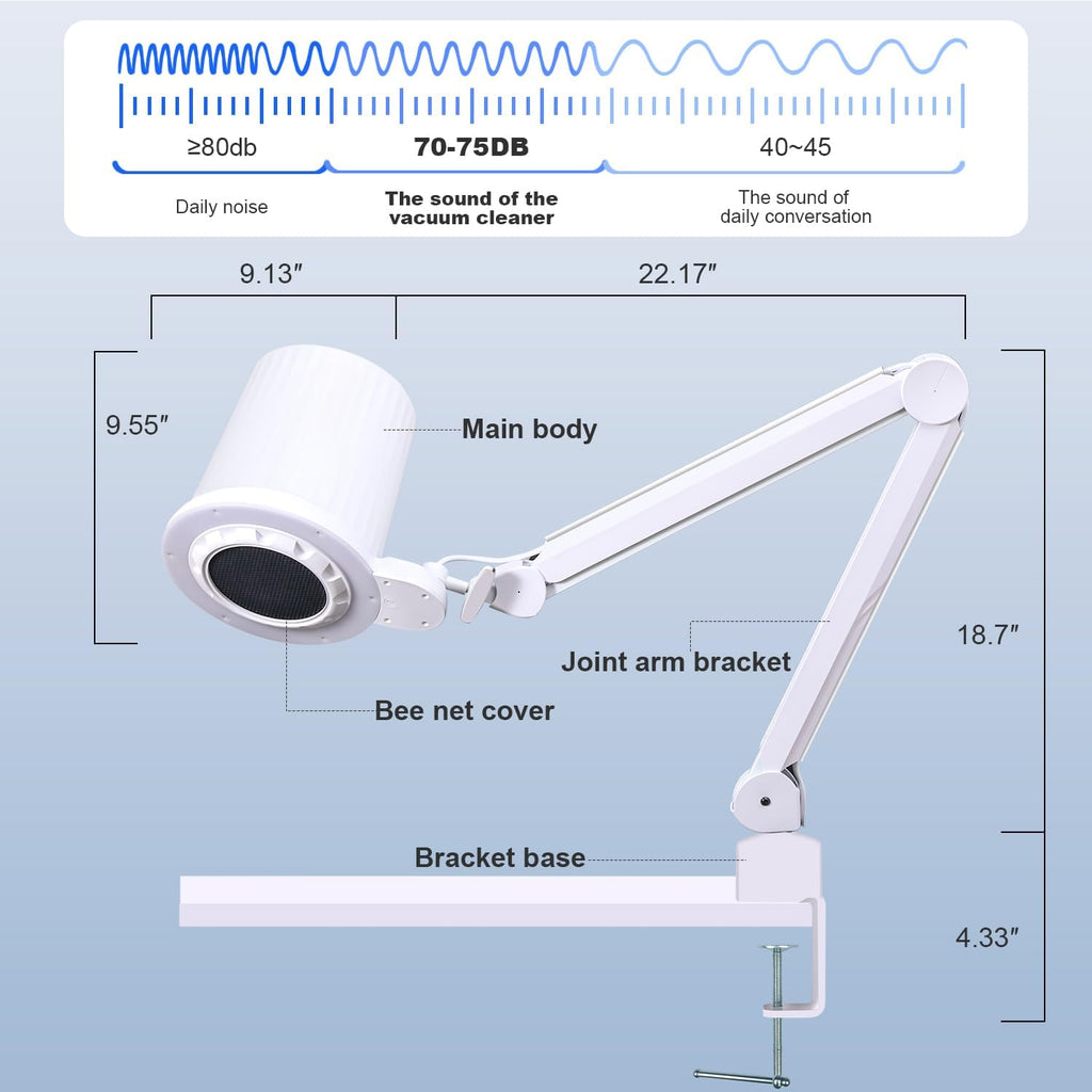 Professional Pedicure Nail Dust Collector, Overhead Nail Tech Manicure Vacuum Cleaner Extractor 80W wIth Desk Clamp