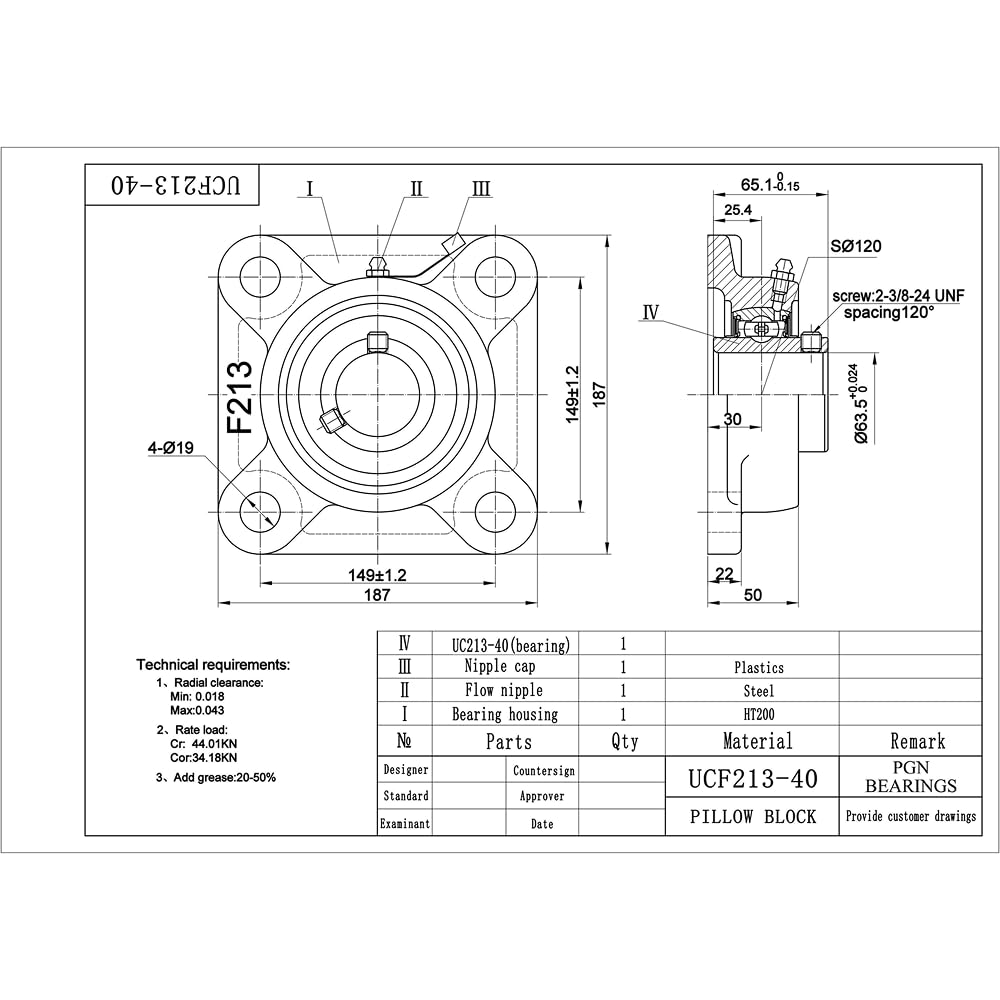 PGN UCF213-40 (1 Pack) Square Flange Bearing 2-1/2" Bore