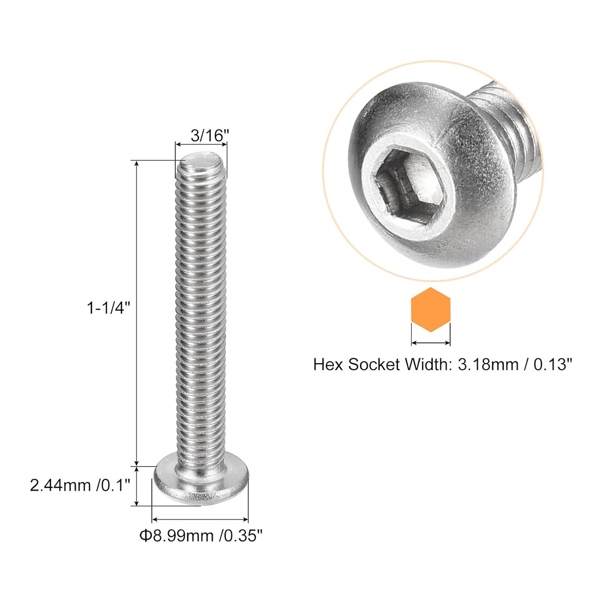 uxcell #10-32x1-1/4 Button Head Socket Screws, 20pcs Full Thread Hex Drive