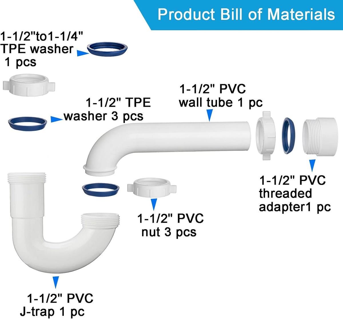 (1 Pack-White) eflyefly 1-1/2 inch P Trap Kitchen Bathroom Sink Drain Kit
